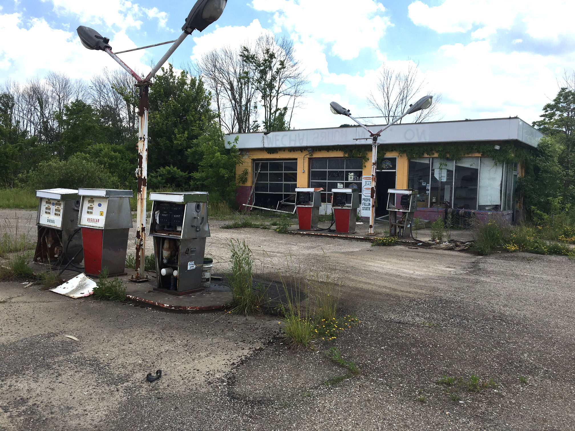 Abandoned gas station and pumps with vegetation growing through the concrete and parts of the building
