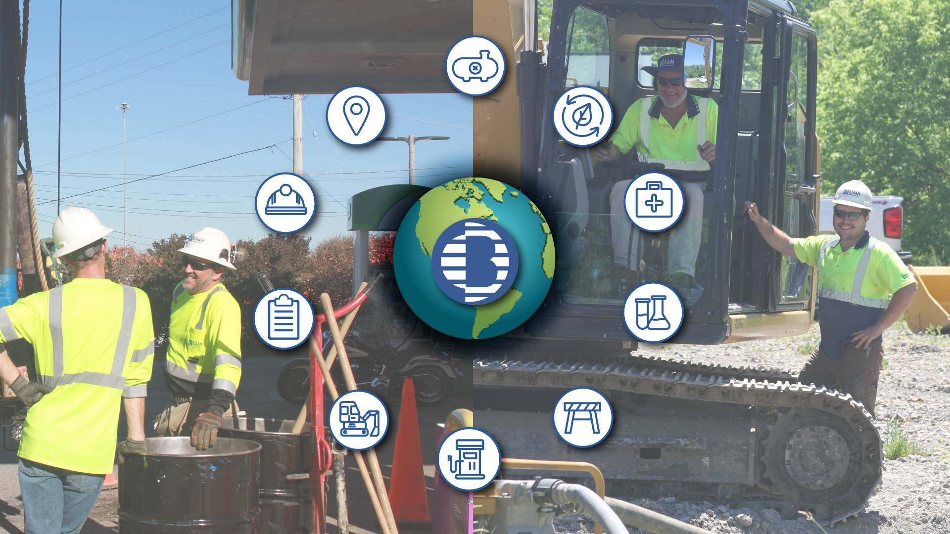 BJAAM logo on the earth surrounded by icons that represent BJAAM's different services and project types.