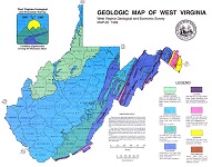 Colored map of West Virginia with different geological areas in the different colors