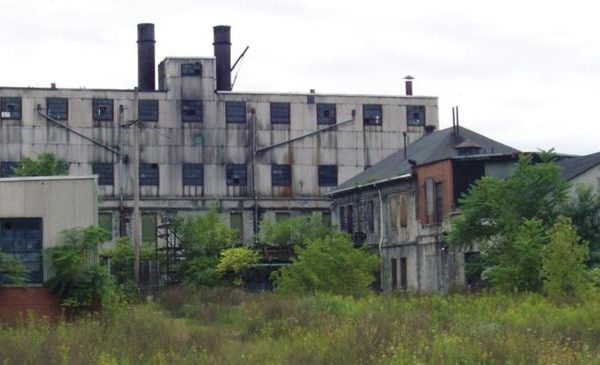 Large industrial buildings surrounded by overgrown vegetation